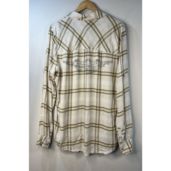 Harley Davidson Womens Snap Front Plaid Shirt Size Large Brown White Embellished - Picture 4 of 8